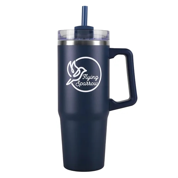 A 30 oz, double-walled stainless tumbler with handle, straw, and hours... from ASI 61966 HPG / Best Promotions USA
