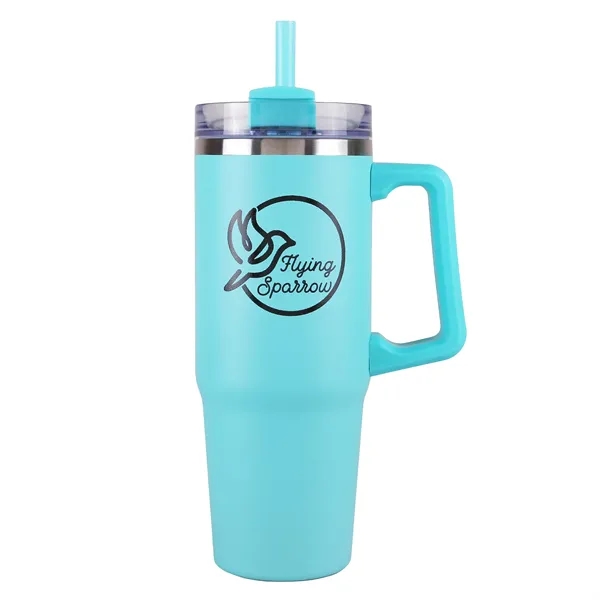 A 30 oz, double-walled stainless tumbler with handle, straw, and hours... from ASI 61966 HPG / Best Promotions USA