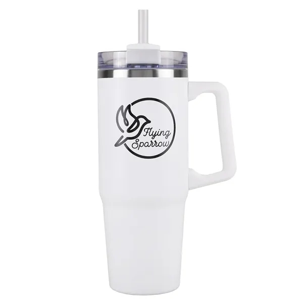 A 30 oz, double-walled stainless tumbler with handle, straw, and hours... from ASI 61966 HPG / Best Promotions USA