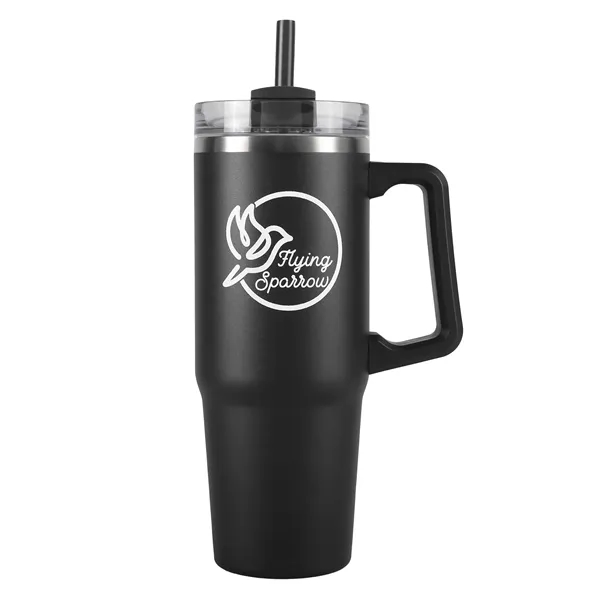 A 30 oz, double-walled stainless tumbler with handle, straw, and hours... from ASI 61966 HPG / Best Promotions USA