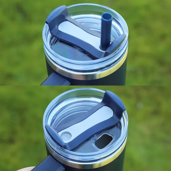 A 30 oz, double-walled stainless tumbler with handle, straw, and hours... from ASI 61966 HPG / Best Promotions USA