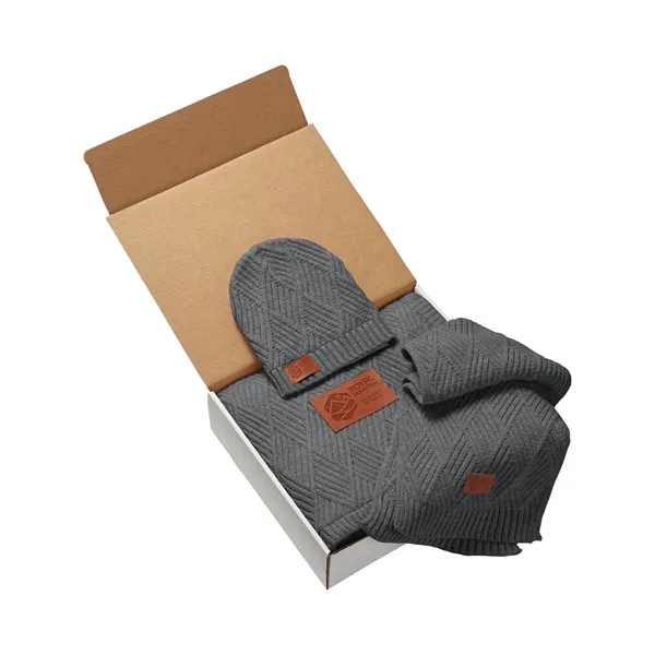Knit gift set with a beanie, blanket, scarf and PU faux... from ASI 79530 Prime Line