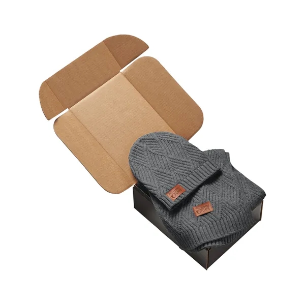 Knit gift set with a beanie, scarf, PU faux leather patch... from ASI 79530 Prime Line