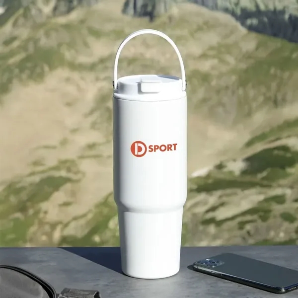 27 oz. recycled stainless steel tumbler with powder-coating and carry handle.... from ASI 52840 Evans Manufacturing