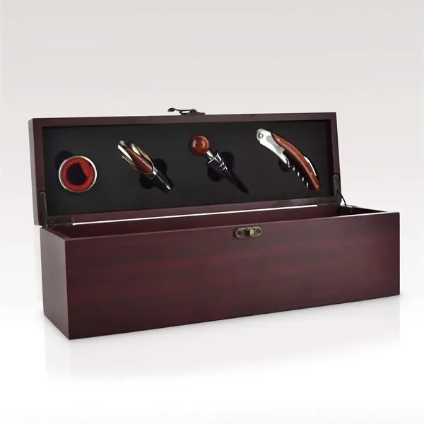 Cherry-finished Wood Wine Bottle Box with Four Wine Accessories... from ASI 93986 Visions/Awardcraft
