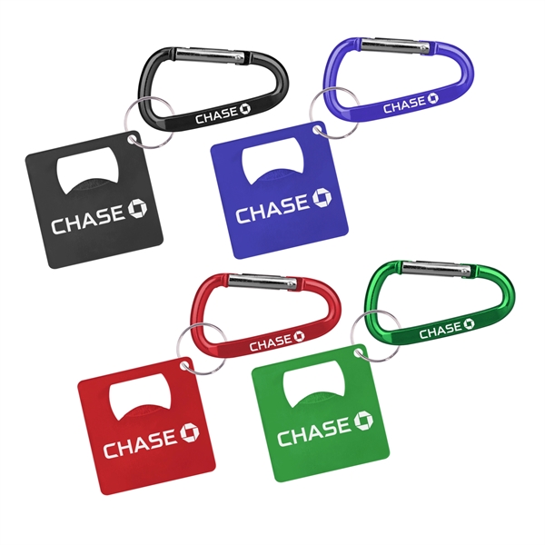 Large aluminum square shaped bottle opener with carabine... from ASI 74585 Nu Promo International / Nu Promo Line