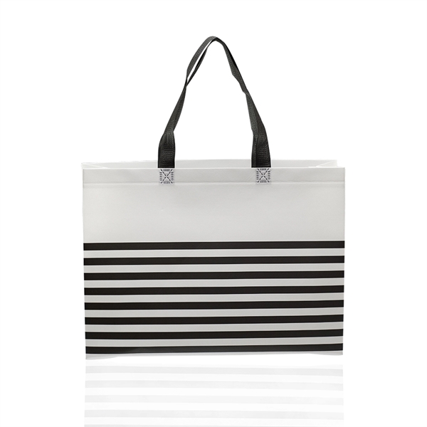 75GSM non-woven tote bag with colorful accent stripes and handles.... from ASI 39552 BEL Promo