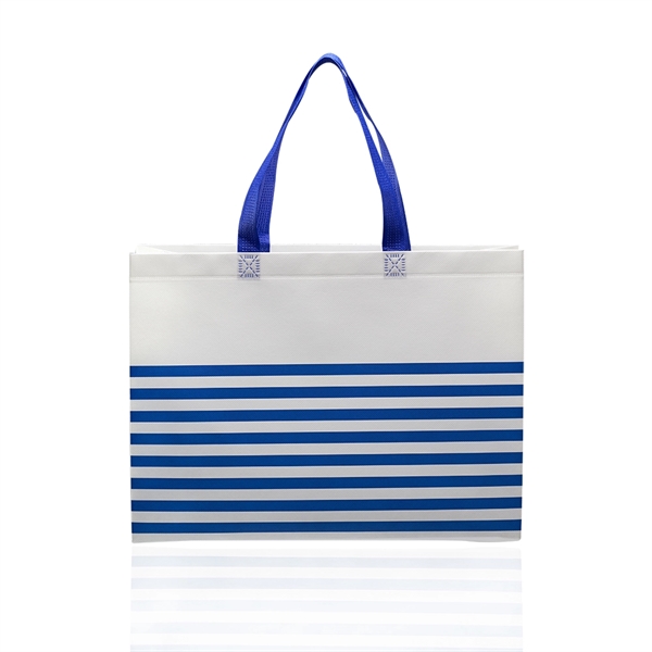 75GSM non-woven tote bag with colorful accent stripes and handles.... from ASI 39552 BEL Promo