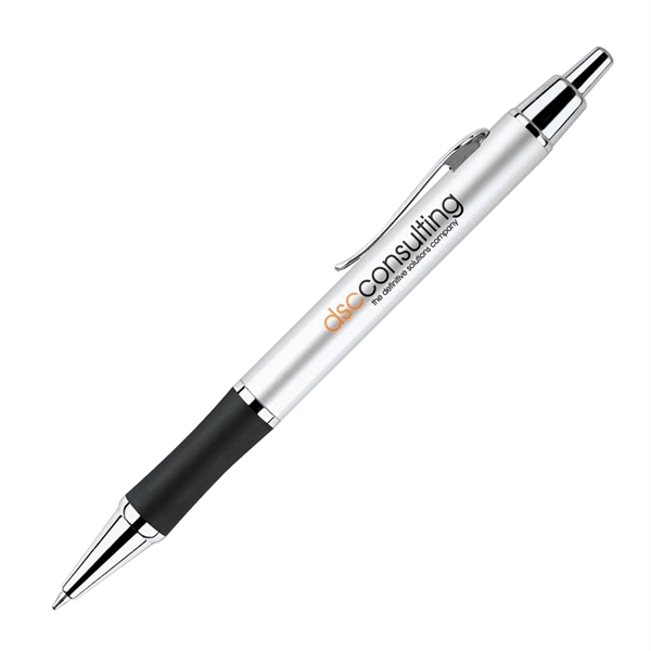 Aluminum click-action ballpoint pen with a black rubber grip, silver clip,... from ASI 68190 Lungsal / Lungsal