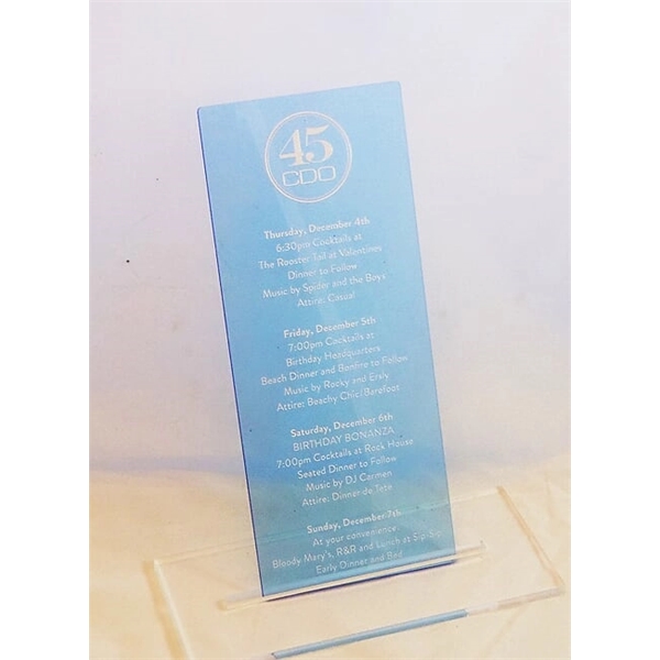 Acrylic menus measure 4" x 9" and are perfect for events... from ASI 92531 Unique Custom Products / UCP