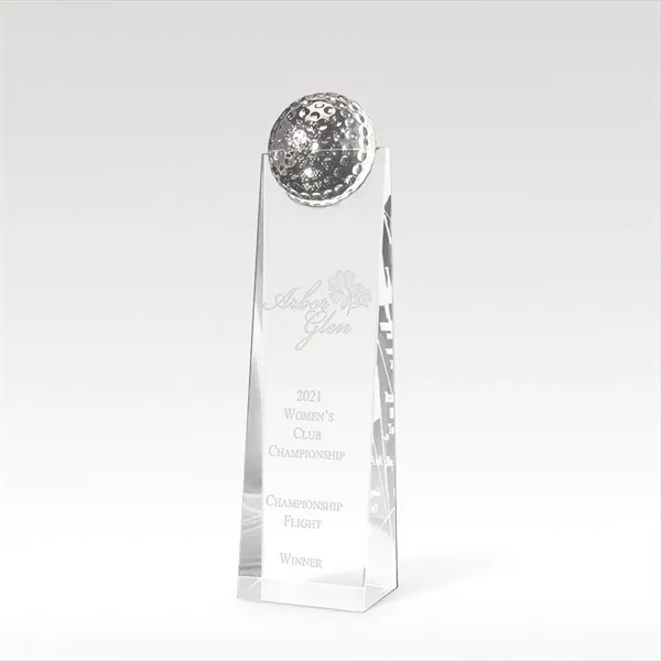 Optical crystal tower that features a detailed golf ball accent and... from ASI 93986 Visions/Awardcraft / Visions Awards