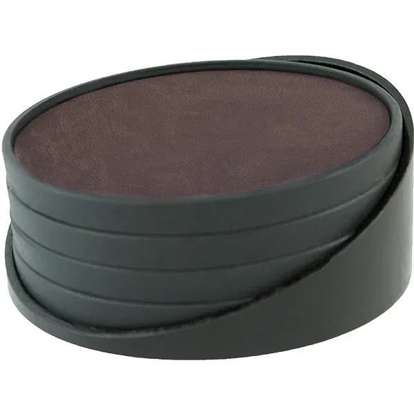 Set of four debossed 3.75" diameter leatherette coasters.... from ASI 71920 Moderne Glass Company Inc / Glass America®
