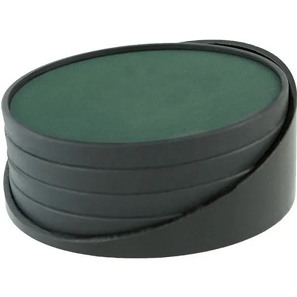 Set of four debossed 3.75" diameter leatherette coasters.... from ASI 71920 Moderne Glass Company Inc / Glass America®