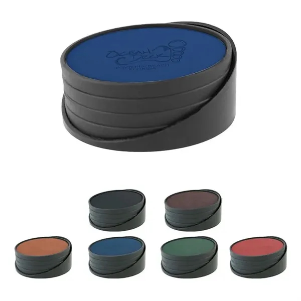 Set of four debossed 3.75" diameter leatherette coasters.... from ASI 71920 Moderne Glass Company Inc / Glass America®