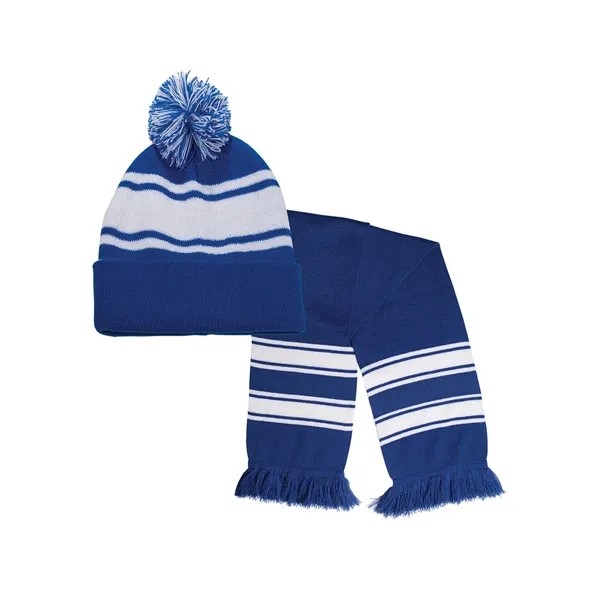 A striped 100% acrylic knit cuff beanie and fringed scarf in... from ASI 79530 Prime Line