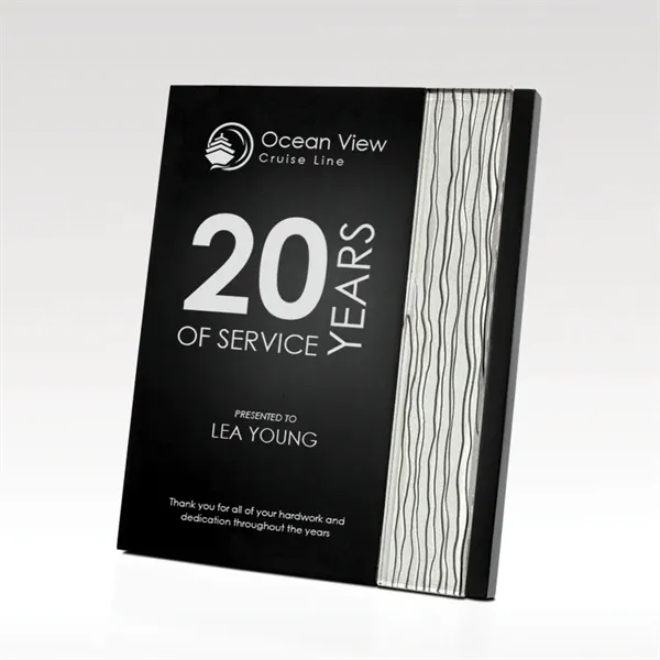 Black satin wood plaque award with deep relief glass accent.... from ASI 93986 Visions/Awardcraft / Visions Awards