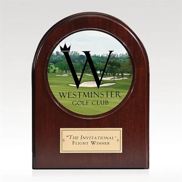 Solid Mahogany Plaque with Digital Color Acrylic Disc and Brass plate... from ASI 93986 Visions/Awardcraft / Visions Awards