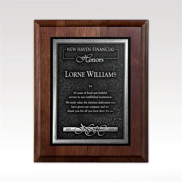 Walnut plaque with silver tone plate and keyhole back for easy... from ASI 93986 Visions/Awardcraft / Visions Awards