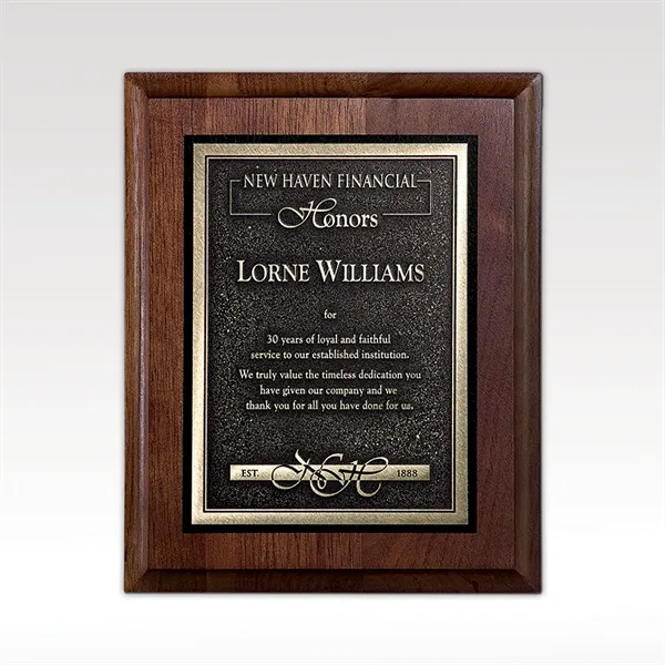 Walnut panel plaque with gold tone plate and keyhole back for... from ASI 93986 Visions/Awardcraft / Visions Awards