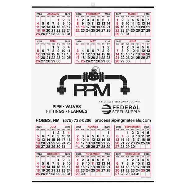 Red and Black Yearly Calendar on a single sheet. Center imprint.... from ASI 50873 Drum-Line / Drum-line Inc