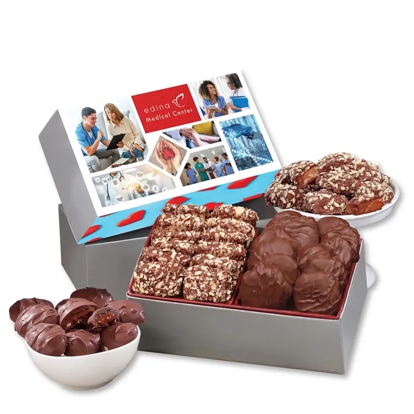 Silver gift box with full-color sleeve filled with toffee and turtles.... from ASI 68680 Maple Ridge Farms Inc