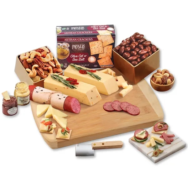 sustainable bamboo cutting board packed with cheese and other snacks... from ASI 68680 Maple Ridge Farms Inc