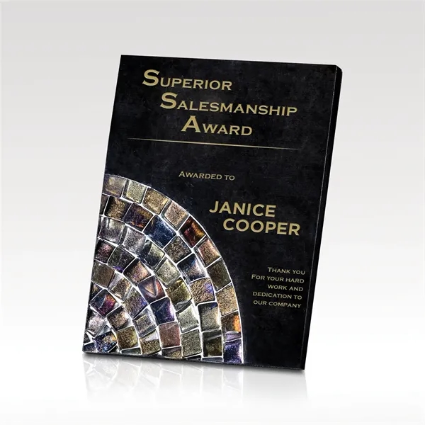 An alluring mosaic arc of jewel-toned art glass adorns this black... from ASI 93986 Visions/Awardcraft