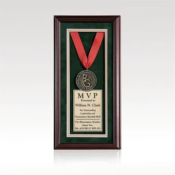 Award plaque featuring a cherry-finished frame with mat, medallion, ribbon and... from ASI 93986 Visions/Awardcraft / Visions Awards