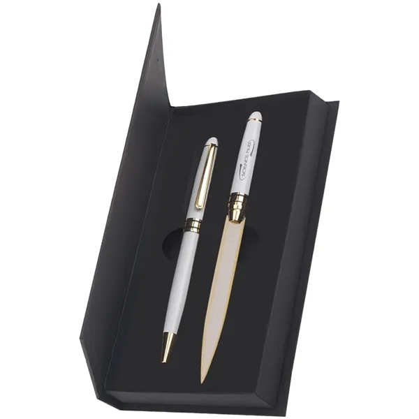 Gift set featuring a brass letter opener, ballpoint pen and gift... from ASI 39552 BEL Promo