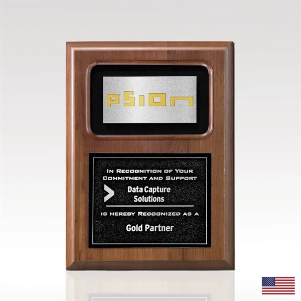 Plaque that features a walnut panel with two etched zinc plate,... from ASI 93986 Visions/Awardcraft / Visions Awards