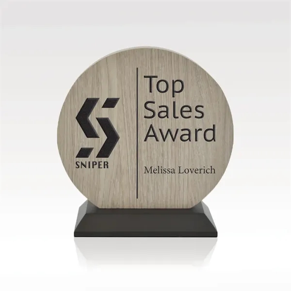 Eirene award sculpture with beechwood disk, silver brushed aluminum edge accent... from ASI 93986 Visions/Awardcraft / Visions Awards