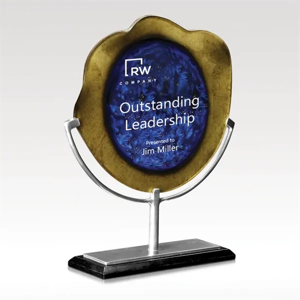 Blue and gold shaped ArtGlass award on a polished aluminum and... from ASI 93986 Visions/Awardcraft / Visions Awards