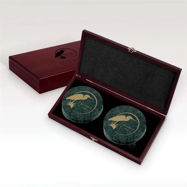 Green marble coasters nestled in a striking cherry-finished wood box.... from ASI 93986 Visions/Awardcraft / Visions Awards