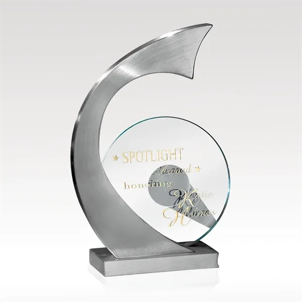 Satin stainless sculpture award that features a jade glass disc that... from ASI 93986 Visions/Awardcraft / Visions Awards