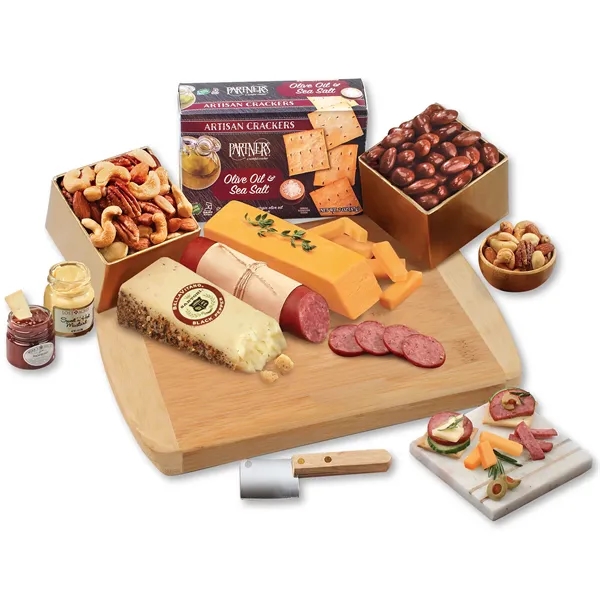 sustainable bamboo cutting board packed with cheese and other snacks... from ASI 68680 Maple Ridge Farms Inc