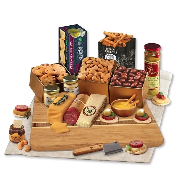 Bamboo serving board with Wisconsin cheese, sausage, and other treats... from ASI 68680 Maple Ridge Farms Inc