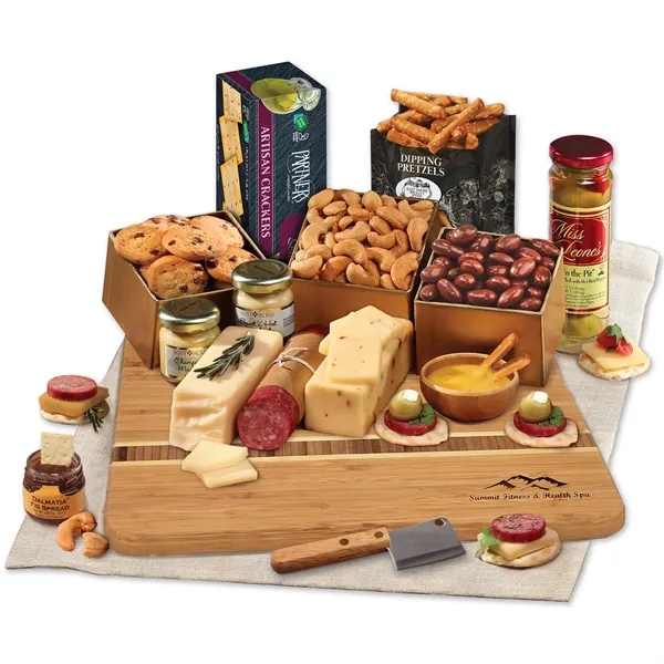 Bamboo serving board with shelf stable Wisconsin cheese, sausage, and other... from ASI 68680 Maple Ridge Farms Inc