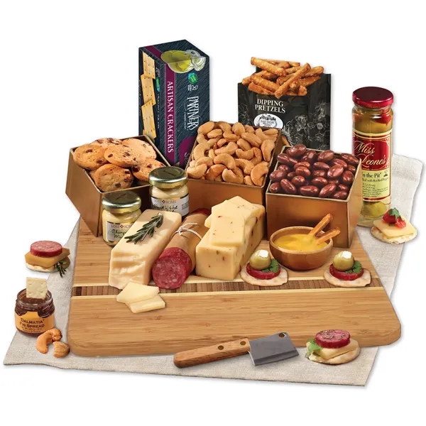 Bamboo serving board with shelf stable Wisconsin cheese, sausage, and other... from ASI 68680 Maple Ridge Farms Inc