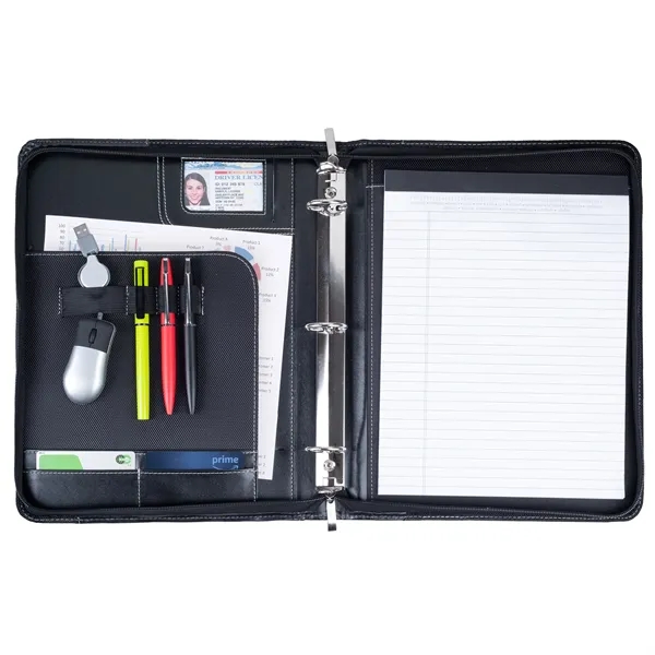 Simulated leather 3-ring zip portfolio with black design on cover for... from ASI 46755 Cosmo Promos