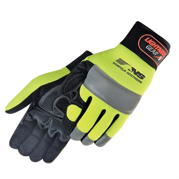 Hi-vis simulated leather reinforced palm mechanic gloves.... from ASI 37455 Atteff International Inc
