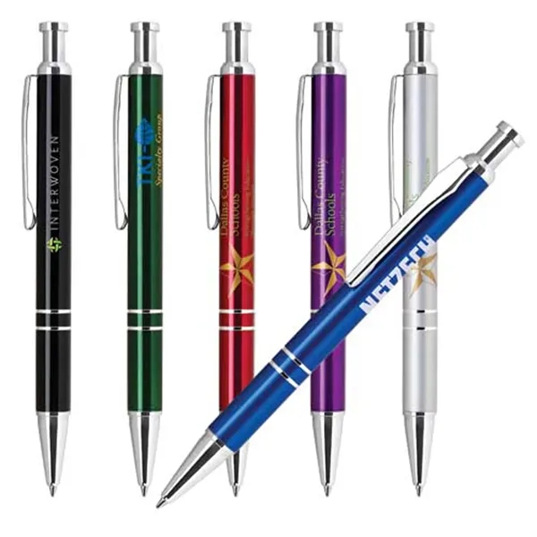 Click-action aluminum ballpoint pen with sleek design and bright metallic finish.... from ASI 37455 Atteff International Inc
