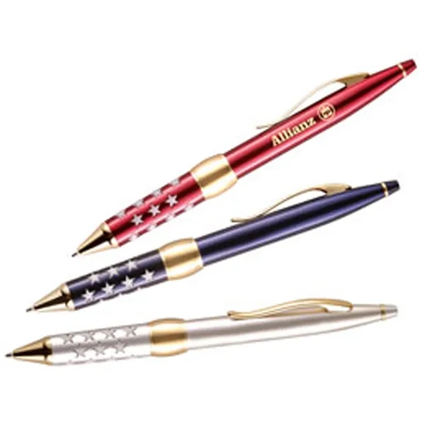 Twist action ballpoint pen with gold trim and star rubber grip.... from ASI 37455 Atteff International Inc