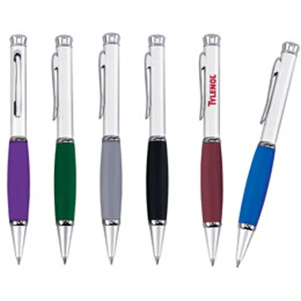 Twist action solid brass barrel ballpoint pen in satin silver finish... from ASI 37455 Atteff International Inc