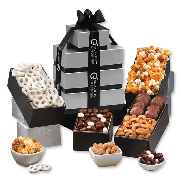 Silver & black tower filled with chocolates, popcorn, and nuts... from ASI 68680 Maple Ridge Farms Inc