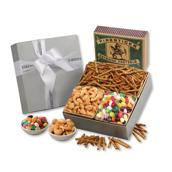 Silver gift box filled with sweet and savory snacks... from ASI 68680 Maple Ridge Farms Inc