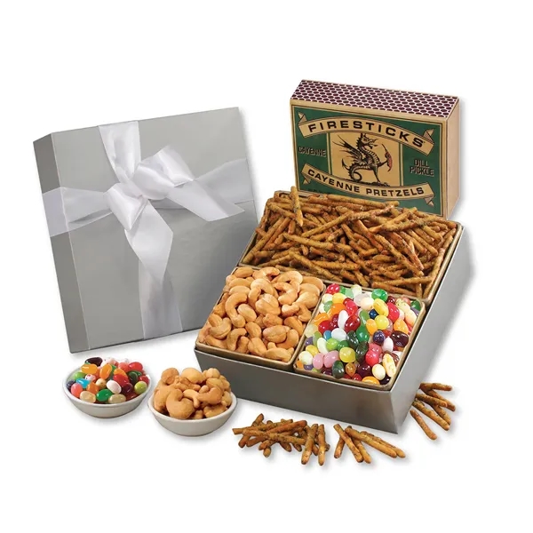 Silver gift box filled with sweet and savory snacks... from ASI 68680 Maple Ridge Farms Inc