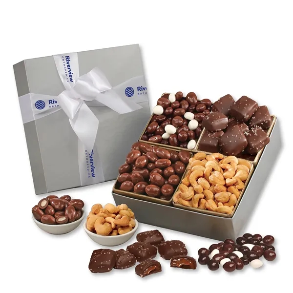Silver gift box filled with sweet and salty snacks... from ASI 68680 Maple Ridge Farms Inc