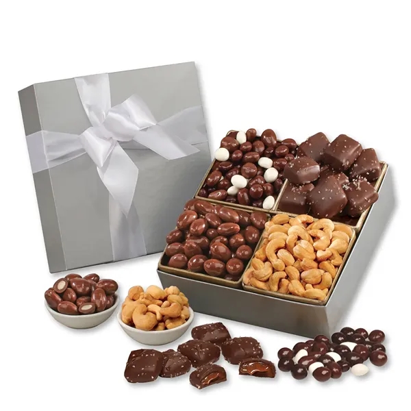 Silver gift box filled with sweet and salty snacks... from ASI 68680 Maple Ridge Farms Inc