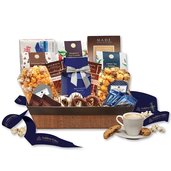 cork-like basket with faux leather trim filled with snacks and treats... from ASI 68680 Maple Ridge Farms Inc