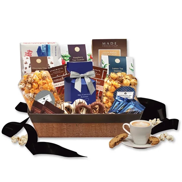 cork-like basket with faux leather trim filled with snacks and treats... from ASI 68680 Maple Ridge Farms Inc